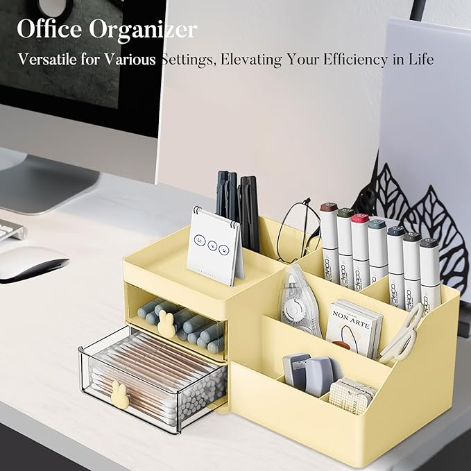 Makeup Organizer, Cosmetic Desk Storage Box with Drawers Skincare Organizers for Dressing Table, Countertop, Bathroom Counter, Vanity Holder for Brushes, Lotions, Lipstick, Perfume (Yellow-Clear)-NeatNest