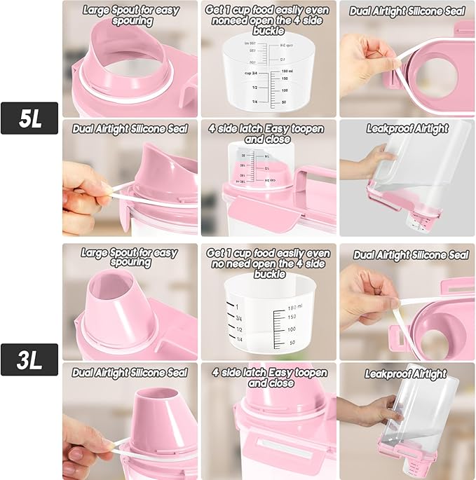 Dog Food Storage Container, Upgraded Large Nozzle BPA-free, 8-12 LBS Plastic Pet Food Storage Containers, With 4 Sealed Clasps, 1 Measuring Cup and Handle (2, Light Pink (3L+5L), (3L+5L))-NeatNest