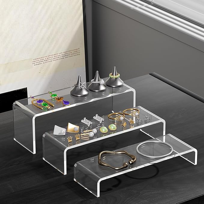 Acina Acrylic Display Risers Stand: 3Pcs 12" Large Acrylic Risers Thickened to 5mm Clear Rectangular Tiered Display Shelf for Cupcake Jewelry Gemstone Curio Figurines Collectibles-NeatNest