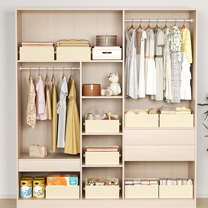 DIMJ Large Closet Storage Bins 8 Pack - Fabric Trapezoid Closet Organizer Bin, Foldable Storage Baskets for Shelves, Closet Shelf Organizer, Clothing Storage Box for Toys, Books, Towel, Clothes, Beige-NeatNest