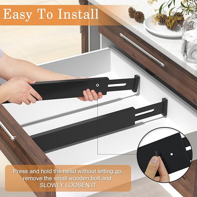 Bamboo Drawer Dividers,17-22" Adjustable Kitchen Drawer Organizer for Clothes,8 Pack Expandable Drawer Organization Separators for Bedroom,Bathroom,Dresser and Office,Black-NeatNest