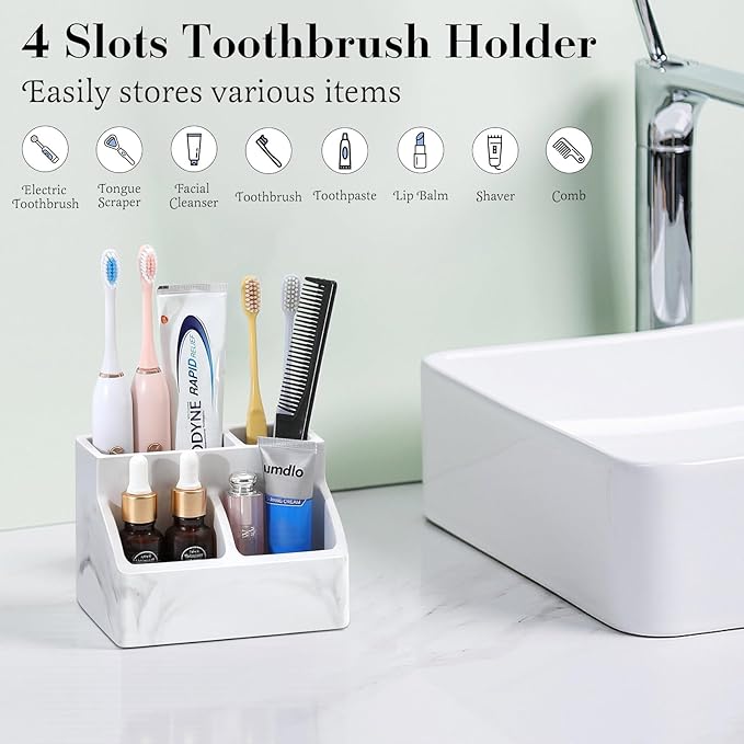 Luxspire Toothbrush Holder, Fast Drying Toothbrush Holders for Bathroom, Diatomaceous Earth Electric Tooth Brush Organizer Toothpaste Holder for Countertop Dresser, Marble White