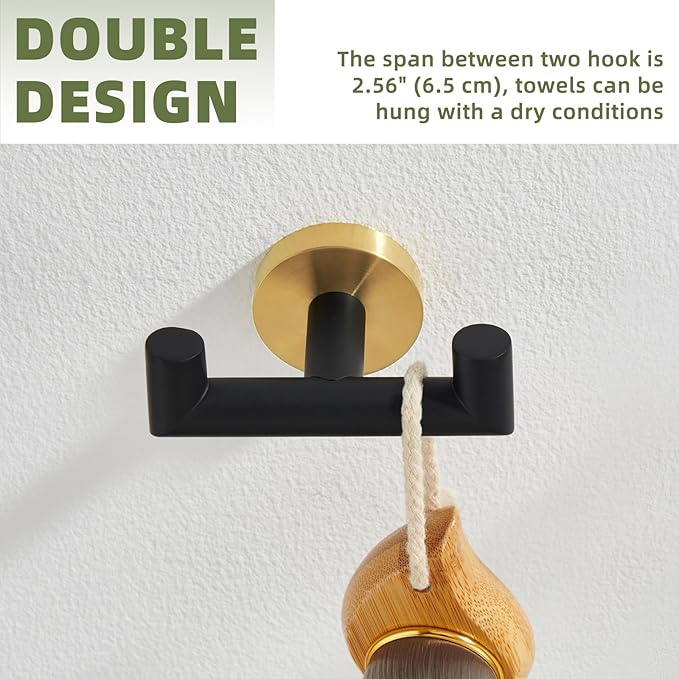 APLusee Black Gold Double Towel Hook, Stainless Steel Robe Hook for Bathroom, Wall Mounted