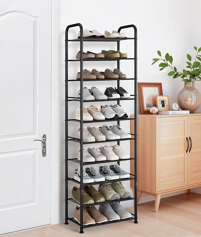 STORAGE MANIAC 10-Tier Tall Shoe Rack, 20 Pairs Narrow Slim Shoe Shelf, Metal Frame Shoes Stand for Small Space, Space-Saving Shoes Organizer, Vertical Shoes Tower for Garage, Entryway, Closet, Dorm-NeatNest