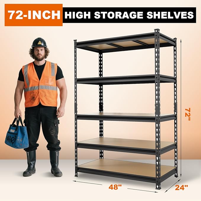 BIG RED Storage Shelving Unit, 5-Tier Adjustable, Heavy Duty Metal Garage Shelves/Utility Rack for Kitchen, Pantry, Basement, Bathroom, Laundry - 3,000lb Capacity, Black, 72" H x 48" W x 24" D-NeatNest