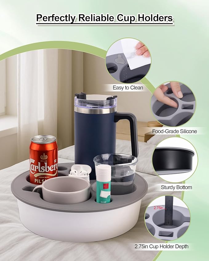 Round 7-in-1 Bed & Couch Cup Holder Tray,Waterproof Silicone Sofa and Bed Organizer Caddy,Large Capacity Couch Drink Holder Caddy for Remote Control Drinks, Snacks, Cell Phones, Headphones-NeatNest