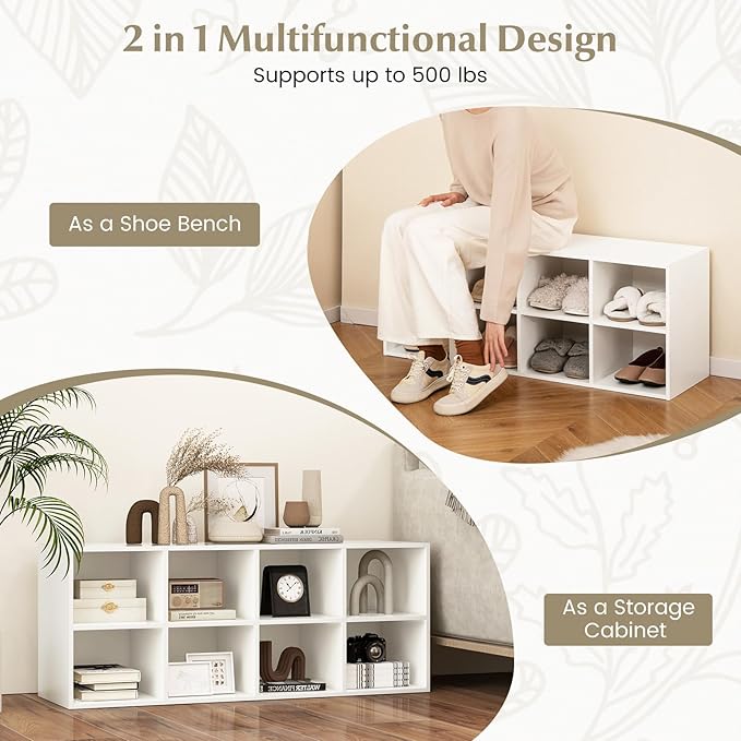 Giantex Shoe Bench 8 Cubes, 40" Entryway Bench with Storage, 8-Cubby Shoe Rack, Shoe Organizer Storage Cabinet for Entryway, Hallway, Mudroom, Living Room, Bedroom, Support up to 500 lbs, White