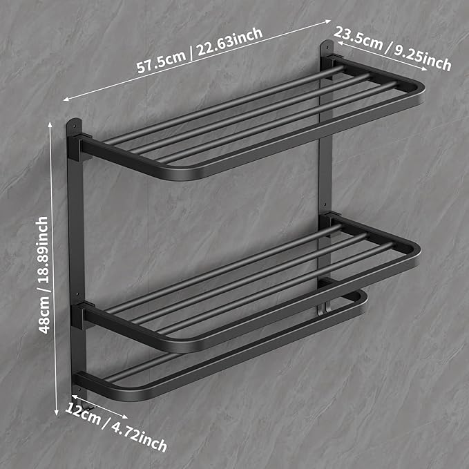 22.8Inch Towel Rack for Bathroom and Lavatory Towel Hanger with Wall Mount Towel Bars 304 Stainless Steel No Drill (Collapsible Black Towel Rack)
