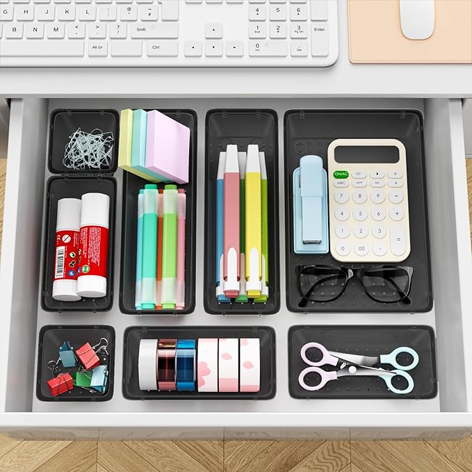 12-Piece Drawer Organizer Set, 4 Sizes Versatile Plastic Vanity Organizer for Makeup, Stationery, Gadgets, in Kitchen, Bathroom, Office, and Bedroom, Black-NeatNest