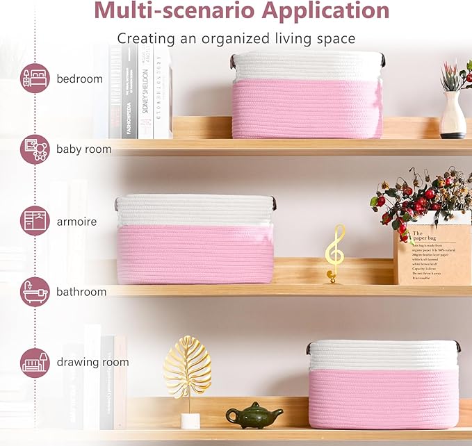 Cotton Rope Basket , Storage Baskets with Handle, 15x10x9 Inch Woven Basket for Shelves, Laundry, Towels, Clothes, Books, Toys (White/Pink 1Pack)-NeatNest