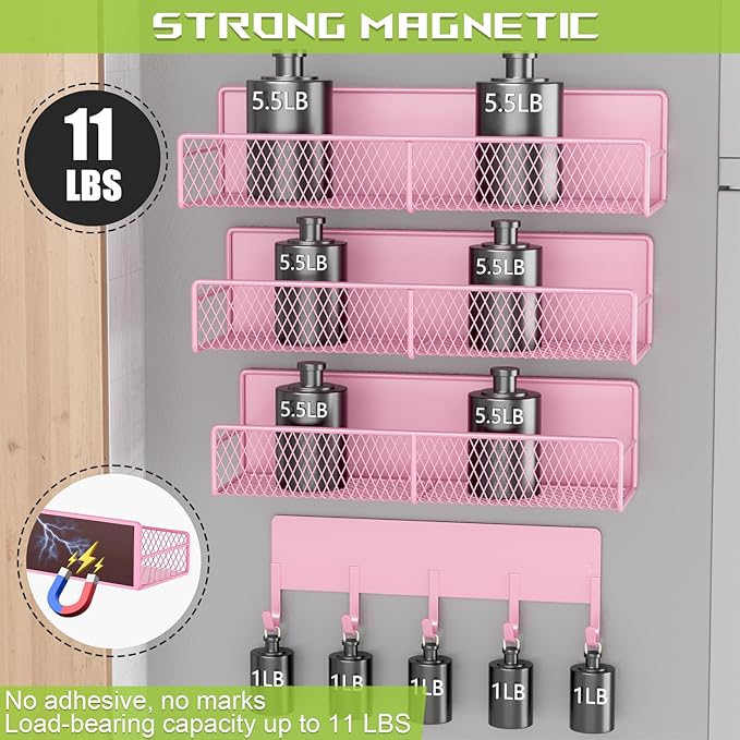 4 Pack Magnetic Shelves for Washing Machine, Heavy-Duty Magnetic Laundry Organizer with Hooks, Washing Machine Shelf for Refrigerator, Metal Storage Baskets, Closet & Laundry Room Organization (Pink)