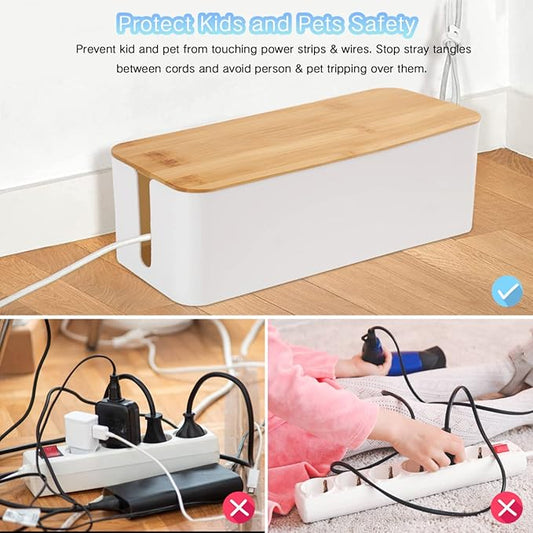 Cable Management Box Organizer, Set of 3 Bamboo Lid Storage Wires Holder to Cover Hide Surge Protector, Power Strips & Cords- with 5 Cables Fastening Tapes for Home, Office, Desk, PC, TV, USB Hub-NeatNest