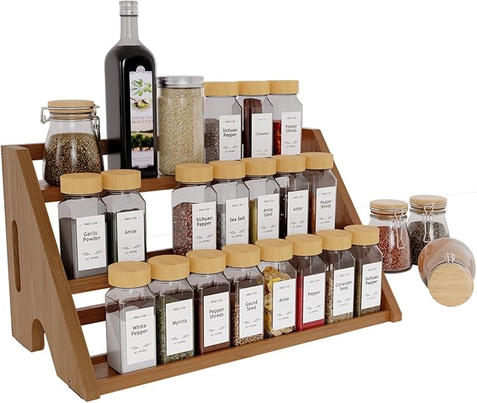 Bamboo Spice Rack Organizer -3-Tier Spice Rack for Countertop,Cabinet Spice Rack Organizer for 27 Spice Jars(4oz),Step Shelf (Walnut)