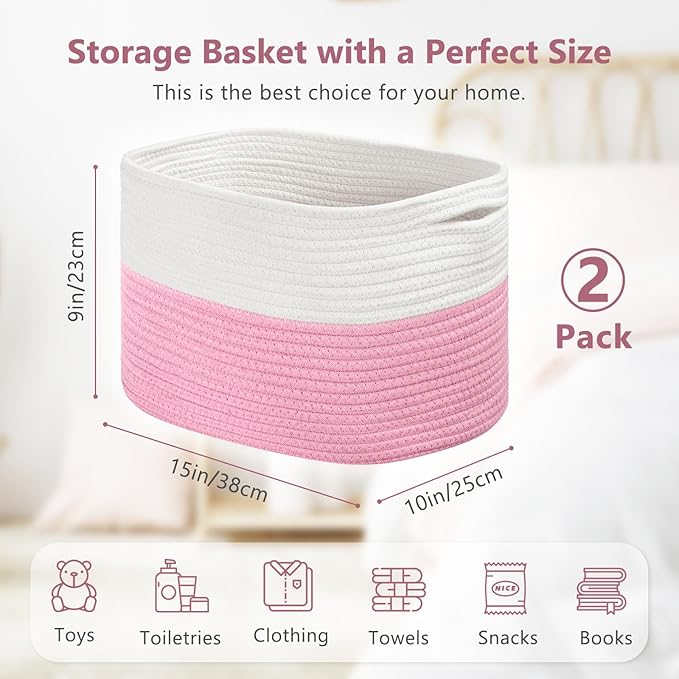 Cotton Rope Shelf Storage Basket, 15x10x9 in, Shelf Storage Baskets for Clothes, Toys, Towels, Books, Laundry (White/ Pink, 2 Pack)-NeatNest