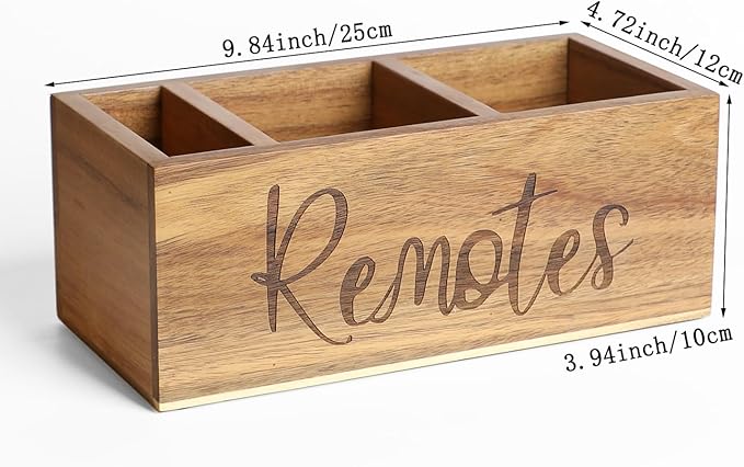 Acacia Wood TV Remote Holder, Caddy and Organizer for Table, Vintage Farmhouse Desk Caddy (Brown-for 5+ Remote Controls)-NeatNest
