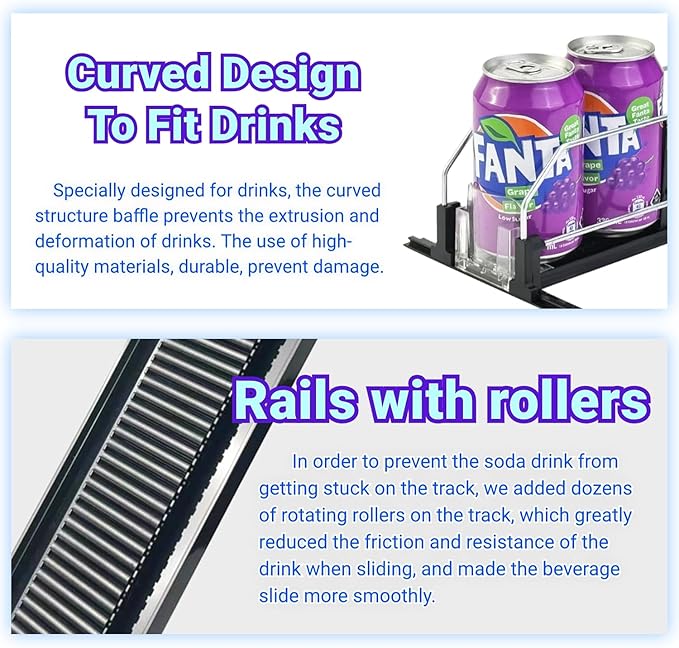 Drink Organizer for Fridge,12oz 16oz 20oz - Soda Can Dispenser for Refrigerator,Width Adjustable,Automatic Pusher Glide (Black, 15"D 3ROW, Holds 15 Cans)