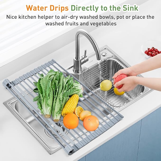 MERRYBOX Roll Up Dish Drying Rack, Over The Sink Dish Rack Foldable, Heat-Resistant, Anti-Slip Silicone Coated Dish Drainer for Kitchen Counter, Large & Multipurpose Sink Drying Rack, 20.5" x 13.1"