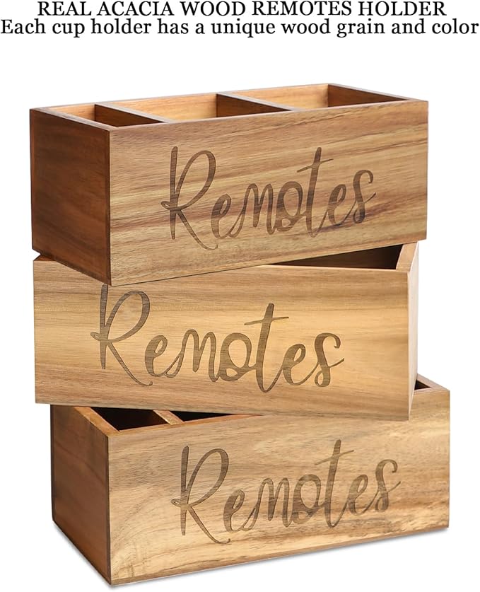 Acacia Wood TV Remote Holder, Caddy and Organizer for Table, Vintage Farmhouse Desk Caddy (Brown-for 5+ Remote Controls)-NeatNest