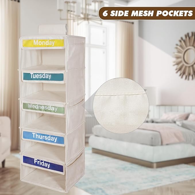 Weekly Clothes Organizer for Kids-Day of The Week Clothes Organizer for Kids-Kids Daily Clothes Organizer-Monday Friday Clothes Organizer-Kids Closet Organizer (Warm white)-NeatNest