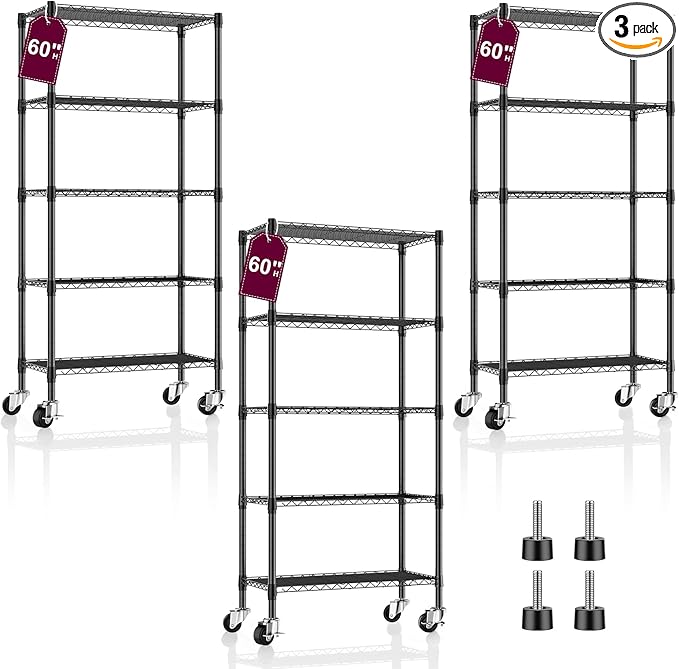 3 Pack 5-Tier Metal Wire Shelving Unit with Wheels & Feet, 14" D x 30" W x 60" H,750 lbs Capacity Adjustable Heavy Duty Steel Wire Rack Storage Shelves for Kitchen, Garage, Pantry