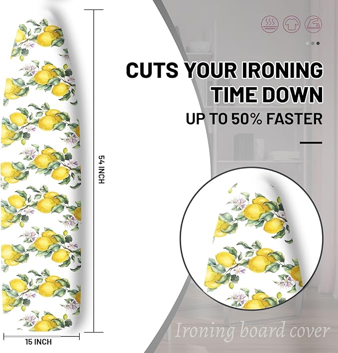 Extra Thick Ironing Board Cover and Pad, Summer Lemon 15x54 Ironing Board Cover, Resist Scorching and Staining,Elastic Edges,Watercolor Plant Fruit Art