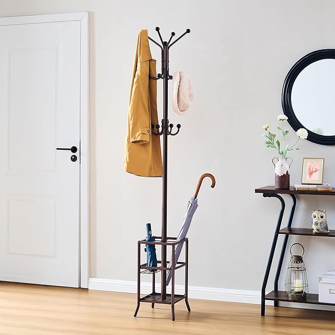 FAVOOSTY Coat Rack Freestanding,Coat Rack Stand with Umbrella Holder,Metal Coat Tree with 12 Hooks,Tree Clothes Hat for Entryway, Hallway, Bedroom, Living Room & Office -Brown-NeatNest