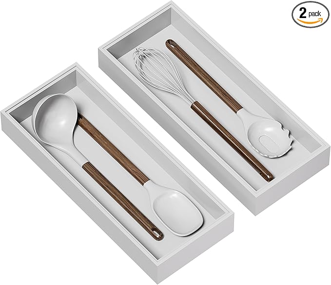 Kitchen Drawer Organizer - 2 Pack, Stackable Bamboo Drawer Organizers, Wooden Storage Box Tray for Cabinet, Pantry, Bathroom Countertop, Multi-use Organization and Storage (White)-NeatNest