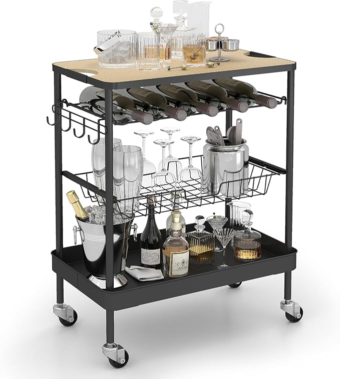 4 Tier Rolling Cart Metal, Easy Install Bar Cart, Heavy Duty, Lockable Wheels for Kitchen, Living Room, Microwave, Black