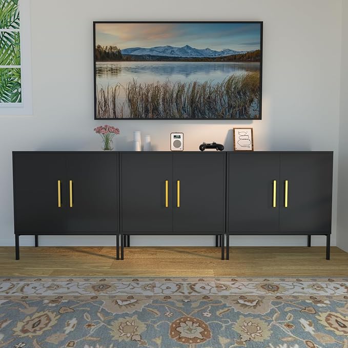 JOZZBY Buffet Sideboard Cabinet with Storage, Modern Wooden Cabinet with Adjustable Shelves, Black and Gold Cabinets for Living Room, Kitchen, Hallway, Set of 3