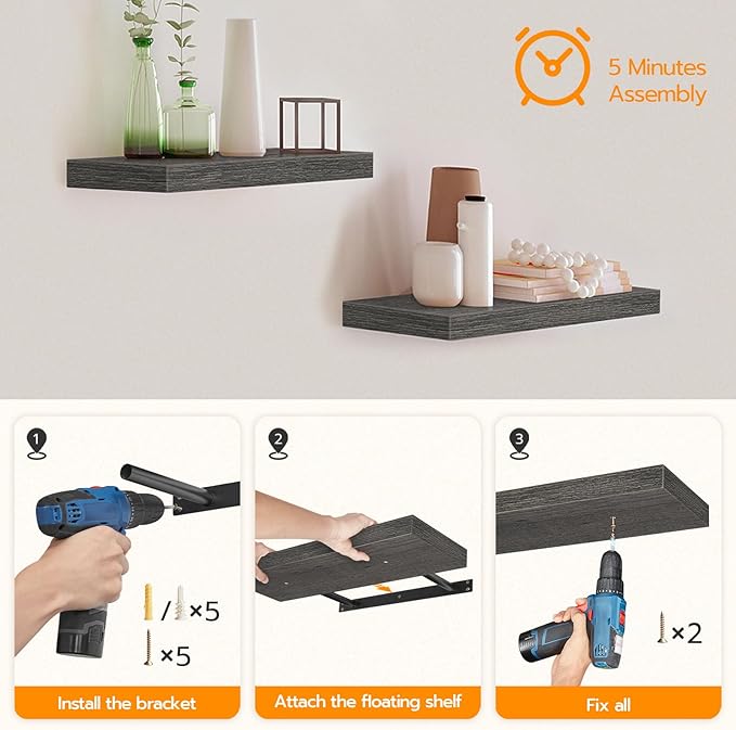 HOOBRO Floating Shelves for Wall, Wall Mounted Shelf Set of 2, 15.7" Hanging Shelf with Invisible Brackets, for Wall in Bathroom, Bedroom, Toilet, Kitchen, Living Room, Office, Charcoal Gray BC40BJ01-NeatNest