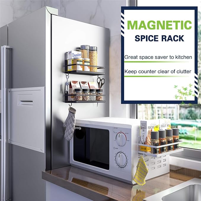 Thipoten Magnetic Spice Rack, Strong Magnetic Shelf with 2 Removable Hooks, Perfect Space Saver for Small Kitchen/Apartment, Awesome Metal Cabinet for Holding Spices, Jars, Bottle, Beve(Black, 2Pack)