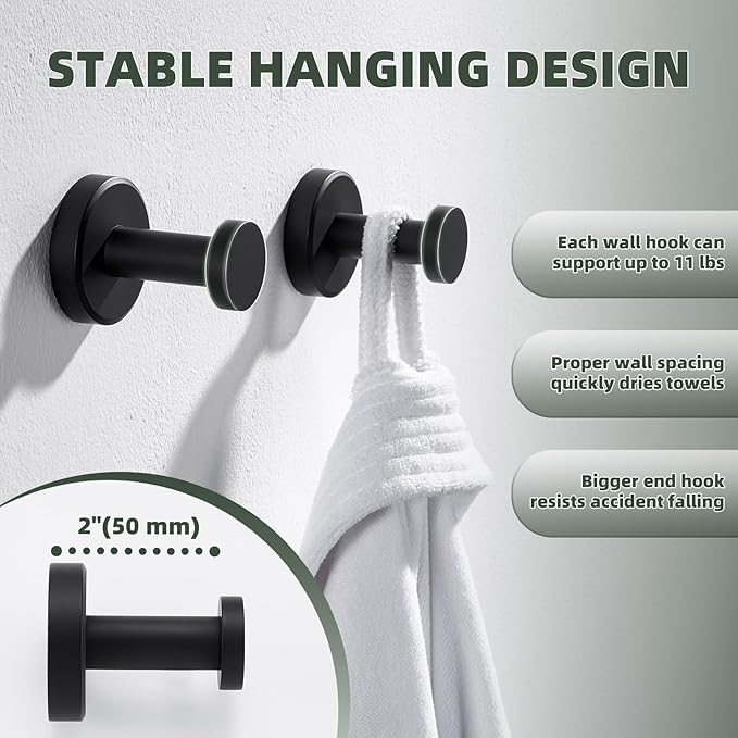 APLusee Matte Black Robe Towel Hook for Bathroom, 2 Pack Stainless Steel Coat Hooks, Heavy Duty Wall Hangers Wall Mounted