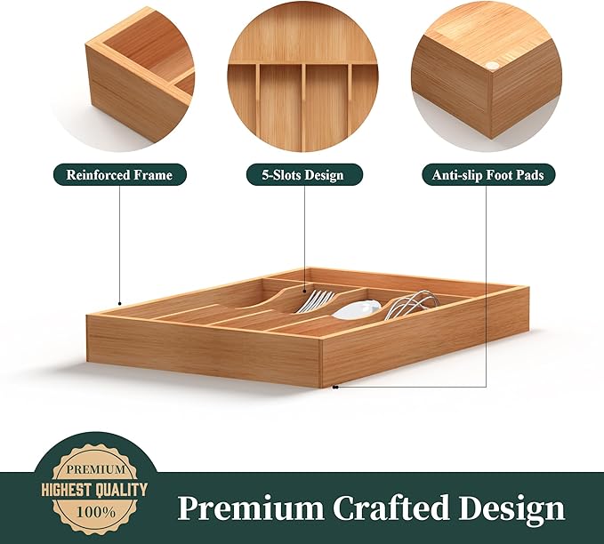 Bamboo Silverware Organizer, Kitchen Drawer Organizer, Utensil Holder, Cutlery Tray & Spoon Flatware Storage with Grooved Drawer Dividers (5 Slots, Natural)-NeatNest