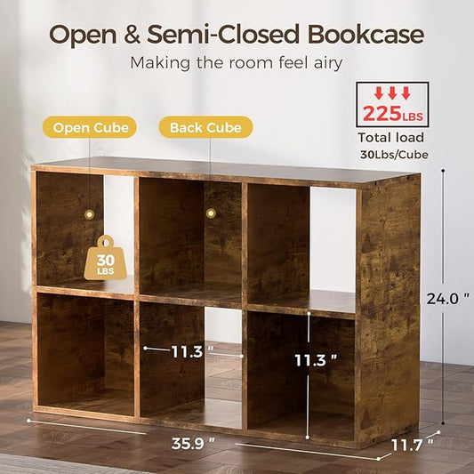 COMHOMA 6 Wood Cube Storage Organizer with Open Back and Removable Back Panels, 11In Brown Cube Storage Bookshelf, Cubicle Shelf Bookcase for Home Office Bedroom Living Room, Vertical or Horizontal-NeatNest