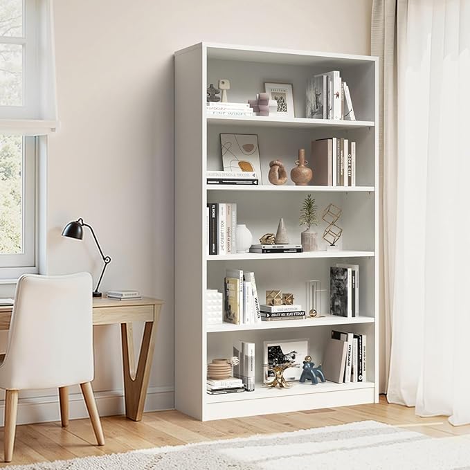 Farini 60 Inch Tall 5-Shelf Bookcase, Wood Bookshelf Storage Organizer Adjustable Shelf for Home Office, Study Room, Easy Assembly,White