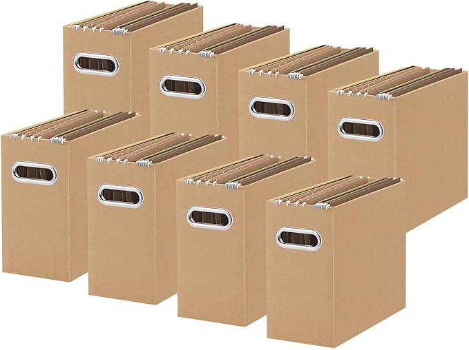 Oterri File Organizer, 8 Packs Small Storage Box, Cardboard File Folder Organizer, Collapsible File Box for Hanging File Folders Letter Size, Portable Filing Organizer with Handle (Brown)