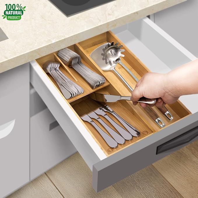 Bamboo silverware tray organizer, Utensil Holder and Cutlery Tray for Drawer, Kitchen Drawer Organizer Divider for Spoons Forks Knives-NeatNest