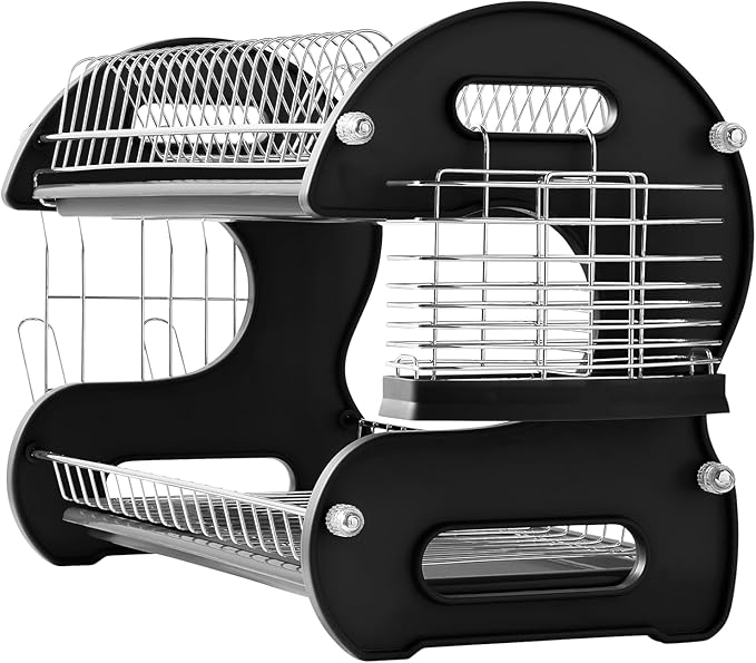 Montgomery Ward Retro 2-Tier Dish Rack, Space-Saving Design, Durable Plastic and Chrome-Plated Wire, Easy Assembly (Black)