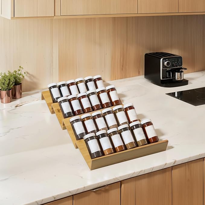 Bamboo Spice Rack For Drawer,4Pcs Tier Stackable Seasoning Storage Organizer Insert,for Kitchen Condiments Storage Insert(Jars Not Included,Combined Size:18.9" D x 9.5" W x 1.8" H)-NeatNest