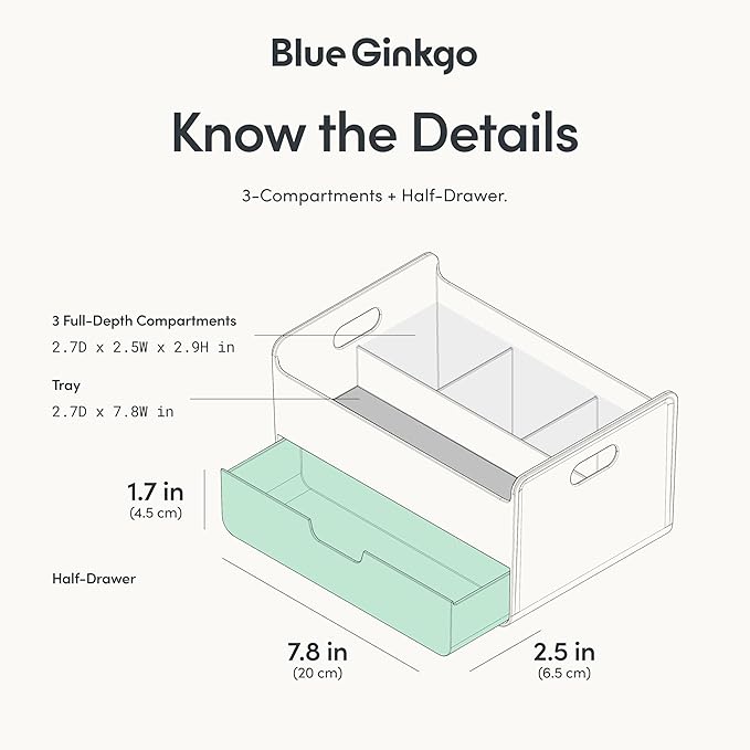 BLUE GINKGO Portable Desk Organizer – Compact 3 Compartment, Half-drawer Storage – Pen Holder, Stationery Desktop Organizer for Office, Makeup, Crafts (Made in Korea, Blue)-NeatNest