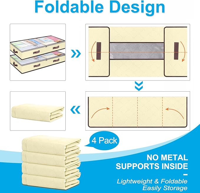 90L Under Bed Storage Containers, Closet Organizers and Storage Bins, Foldable Underbed Storage Bags for Blankets, Towels, Comforter, Sweaters, Pillows, Linen Sheets, Wrapping Paper, 4 Pack Beige-NeatNest