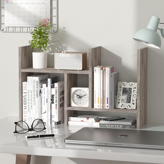 Desktop Bookshelf Vintage Desktop Organizer MDF Wood Desk Storage Shelf Counter Office Storage Rack Top Bookcase Display Books Office Supplies Light Grey Oak Bookshelf for Desktop-NeatNest