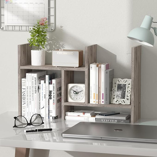 Desktop Bookshelf Vintage Desktop Organizer MDF Wood Desk Storage Shelf Counter Office Storage Rack Top Bookcase Display Books Office Supplies Light Grey Oak Bookshelf for Desktop-NeatNest