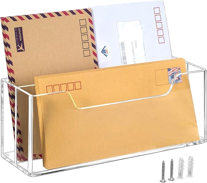 BEYGORM Acrylic Mail Organizer for #10 Envelopes, 2-Slot Wall-Mounted & Countertop Letter Holder, Clear Hanging Mail Rack for Home Office-NeatNest