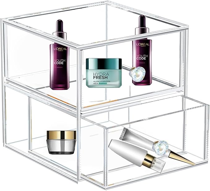 Acrylic Jewelry Box Clear Jewellery Storage Drawer Transparent Cosmetic Display Stand Holder Home Organizer Tray for Earring Necklace Rings Bracelet Makeup (2 drawer)-NeatNest