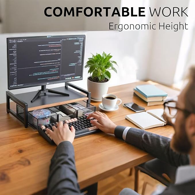 Monitor Riser,Monitor Stand for Desk -Metal Computer Riser with Solid Wood Decorative Strips.Desk Storage for Office, Home (with Storage)