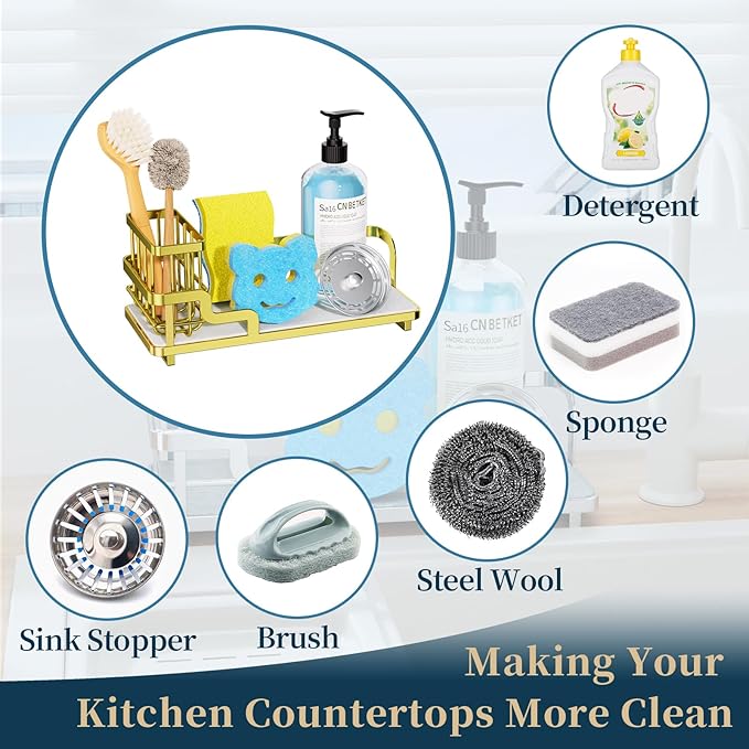 Consumest Sponge Holder for Kitchen Sink - Sink Caddy Organizer with Water Absorbing Stone Tray, Detachable Brush Holder, Stainless Steel Kitchen Counter Organizer Rack, Gold-NeatNest