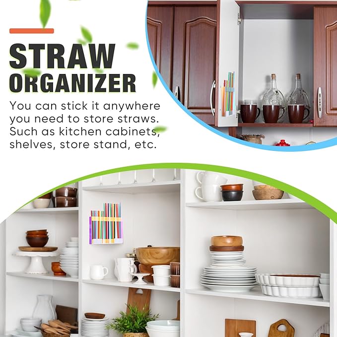 Acrylic Straw Holder for Cabinet Door with Double Sided Adhesive Tape Reusable Straw Organizer Tumbler Storage Kitchen Accessories Container for Counter Cupboard(Classic,Large,Iridescent)