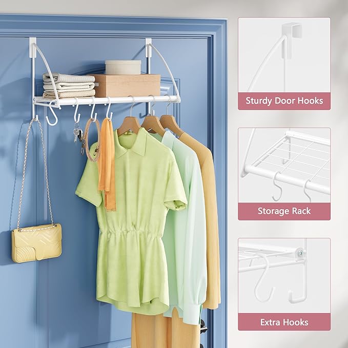 Tajsoon Over The Door Hanger with Storage Rack and 6 Hooks, Over The Door Clothes Rack for Hanging Towel & Coat, Over The Door Clothes Drying Racks for Bathroom, Bedroom, Living Room, White