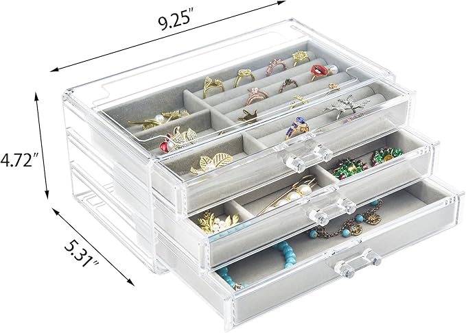 Acrylic Jewelry Box 3 Drawers, Velvet Jewellery Organizer, Earring Rings Necklaces Bracelets Display Case Gift for Women, Girls